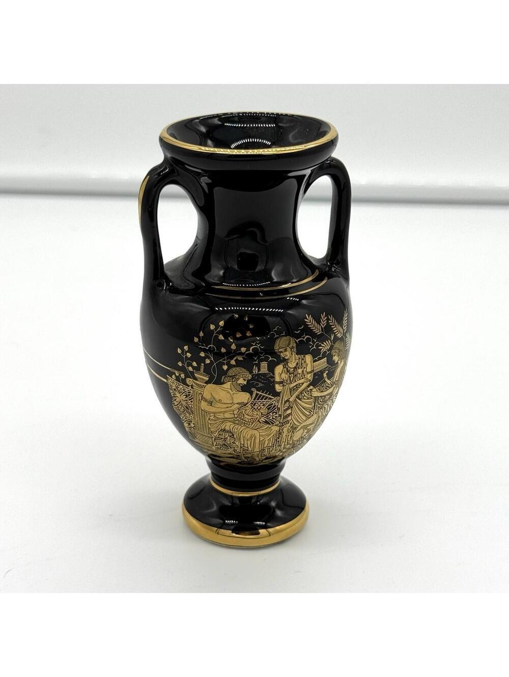 Fakiolas Handmade In Greek Vase 24K Gold Black Amphora Greece Decor Vintage